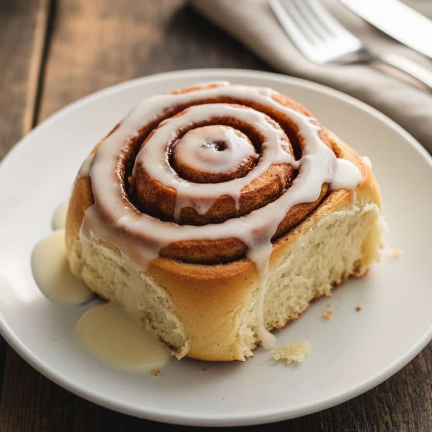 Un cinnamon roll singolo, appena sfornato, con glassa che cola, servito su un piatto bianco.