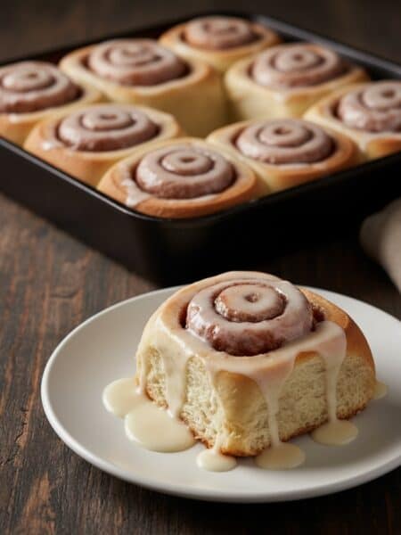Un cinnamon roll singolo e perfettamente glassato su un piatto bianco, con una teglia di altri rolls appena sfornati sfocata sullo sfondo.