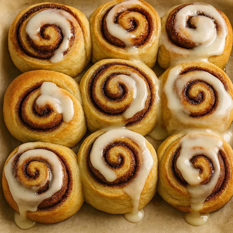 Cinnamon rolls dorati e soffici, disposti su carta da forno, con glassa bianca al formaggio che cola