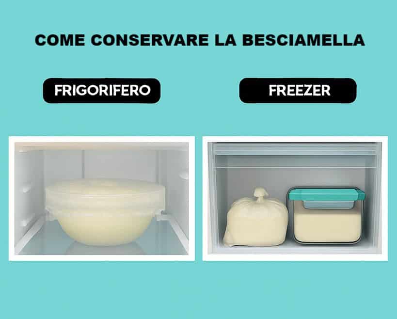 Un'immagine divisa in due: a sinistra, una ciotola di besciamella coperta con pellicola in un frigorifero; a destra, un contenitore ermetico e un sacchetto per freezer pieni di besciamella, all'interno di un congelatore.