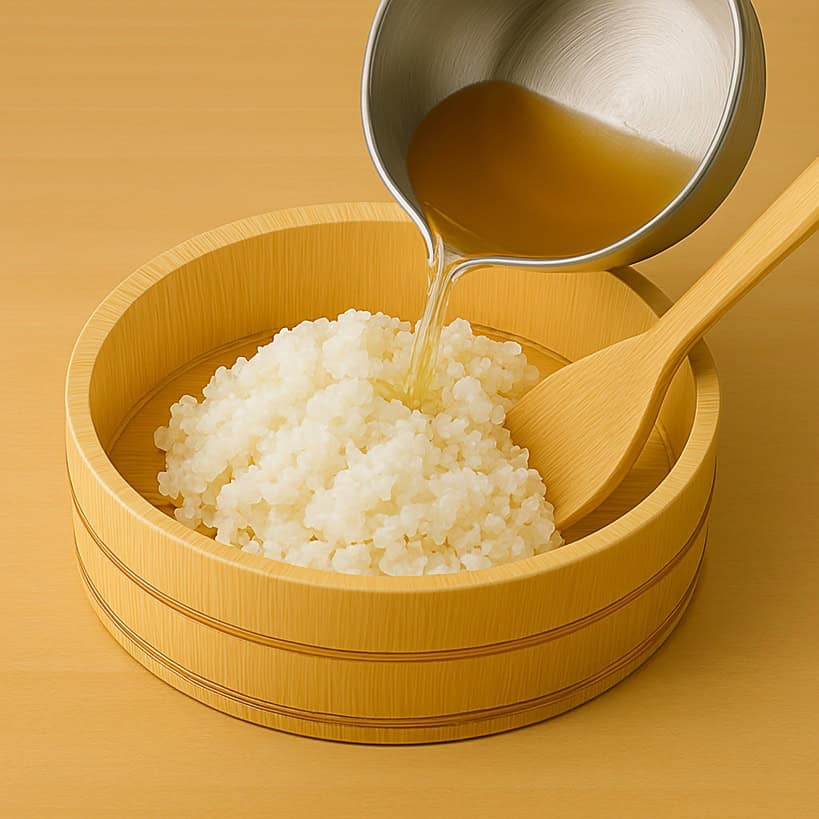 Il condimento Awase-zu viene versato in piccola quantità dalla pentola sul riso caldo nella hangiri, e mescolato con una spatola in legno.