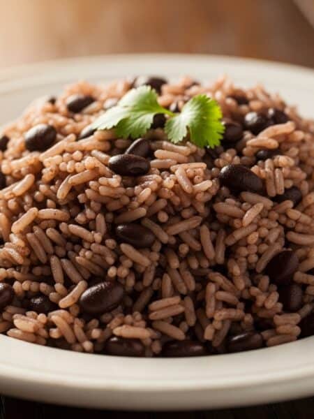 Primo piano di un piatto di Congrí cubano, con riso a grano lungo di colore marrone scuro e fagioli neri mischiati, guarnito con una foglia di coriandolo fresco.