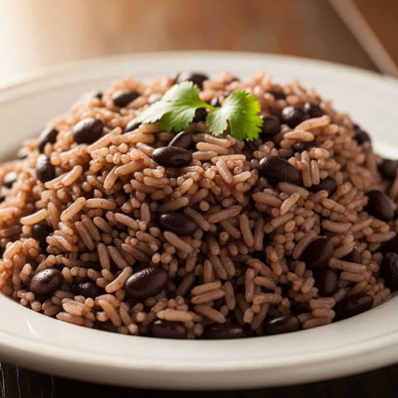 Primo piano di un piatto di Congrí cubano, con riso a grano lungo di colore marrone scuro e fagioli neri mischiati, guarnito con una foglia di coriandolo fresco.