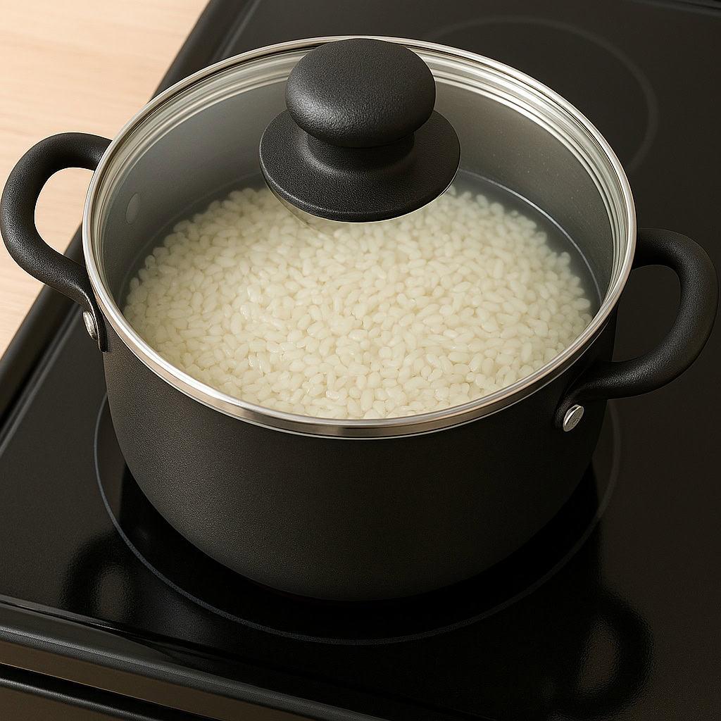 Pentola antiaderente sul fornello con coperchio trasparente, contenente riso per sushi in cottura immerso nell’acqua.