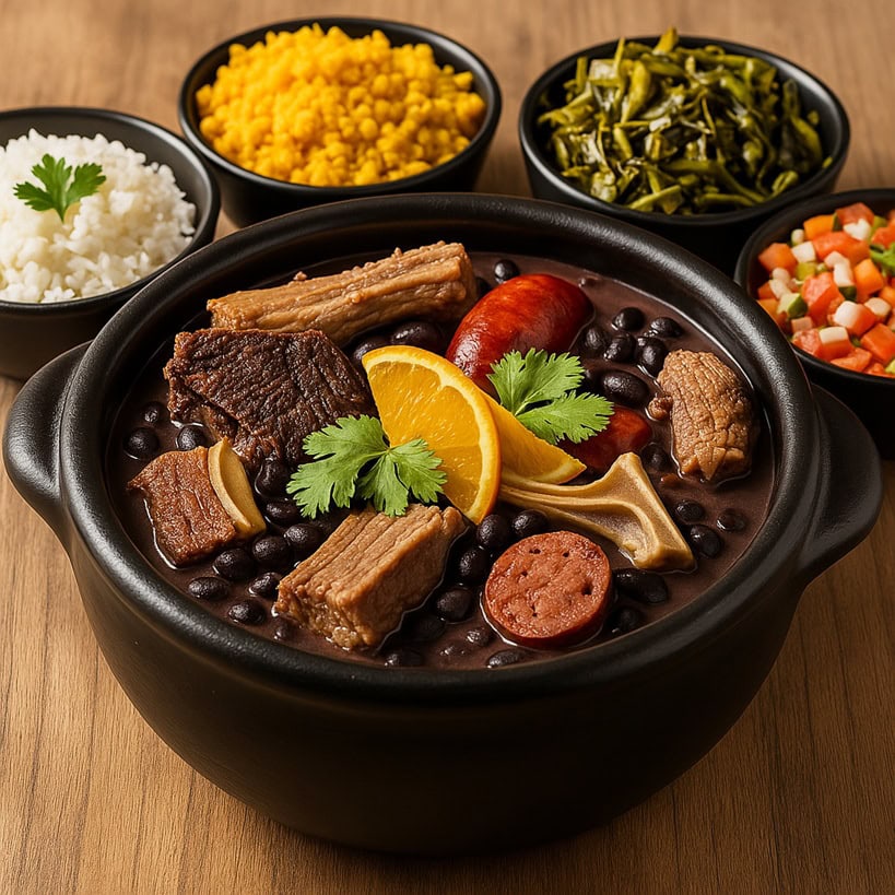Feijoada Completa servita in ciotola nera con fagioli neri, carne mista, salsiccia, arancia e coriandolo, accompagnata da contorni tipici brasiliani.