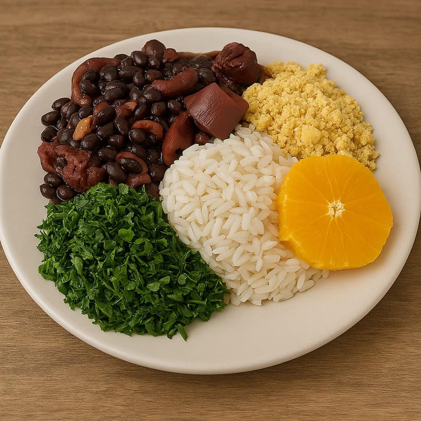 Feijoada brasiliana servita con riso bianco, cavolo riccio saltato e farofa, disposta su un piatto bianco con sfondo rustico