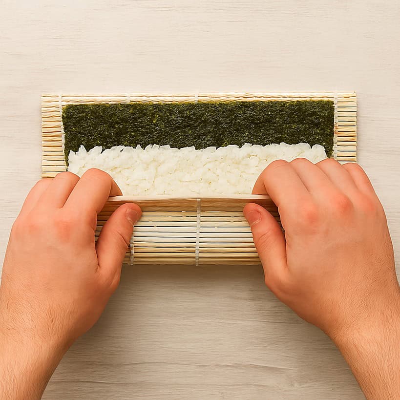Mani che premono il tappetino di bambù per modellare un rotolo di sushi con riso e nori