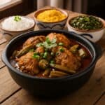 Piatto tradizionale brasiliano di Frango com Quiabo (pollo e okra) servito in una rustica ciotola di terracotta, accompagnato da riso bianco, farofa dorata e cavolo riccio saltato su un tavolo di legno.