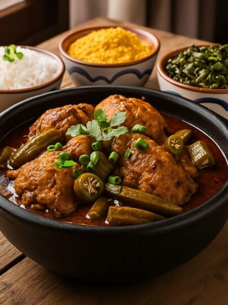Piatto tradizionale brasiliano di Frango com Quiabo (pollo e okra) servito in una rustica ciotola di terracotta, accompagnato da riso bianco, farofa dorata e cavolo riccio saltato su un tavolo di legno.