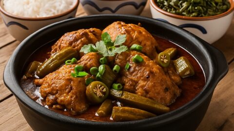 Piatto tradizionale brasiliano di Frango com Quiabo (pollo e okra) servito in una rustica ciotola di terracotta, accompagnato da riso bianco, farofa dorata e cavolo riccio saltato su un tavolo di legno.