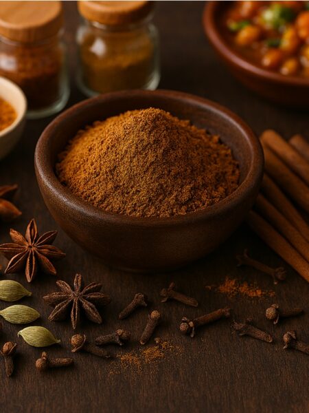 Garam Masala macinato in una ciotola di legno scuro