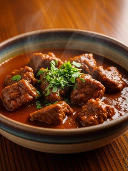 Primo piano di un piatto di gulasch tedesco in una ciotola di ceramica rustica, con carne di manzo in umido e una salsa ricca e scura.