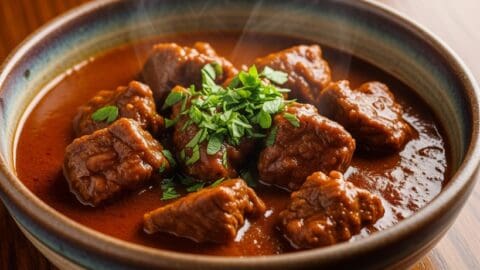 Primo piano di un piatto di gulasch tedesco in una ciotola di ceramica rustica, con carne di manzo in umido e una salsa ricca e scura.