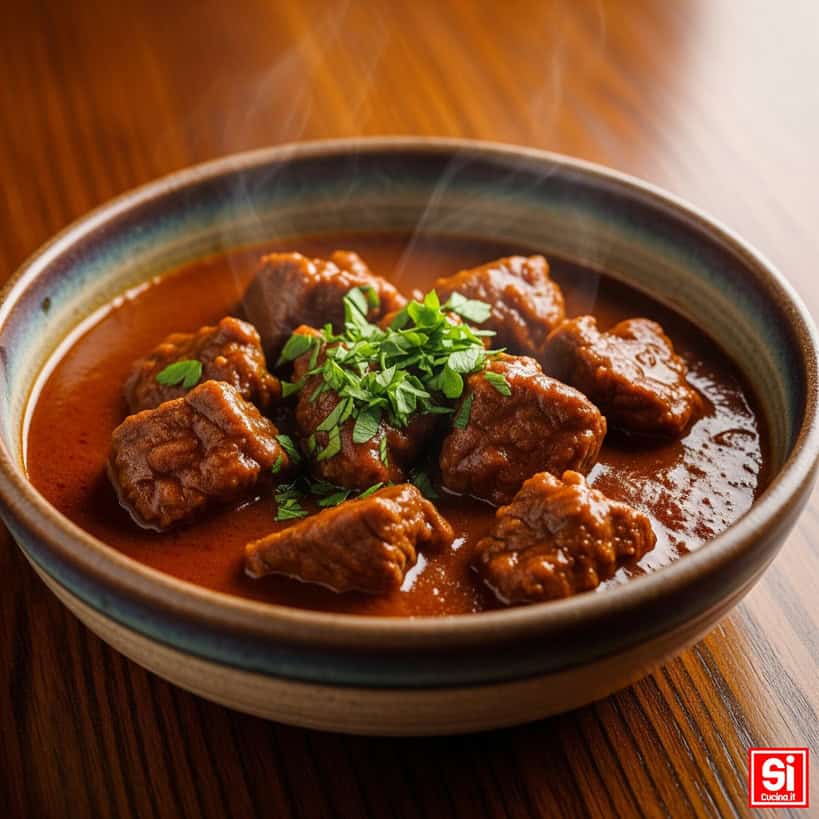 Primo piano di un piatto di gulasch tedesco in una ciotola di ceramica rustica, con carne di manzo in umido e una salsa ricca e scura.