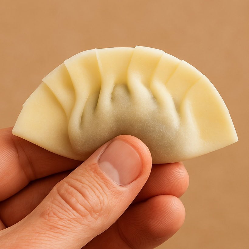 Mano che tiene un gyoza giapponese con pieghe perfette, su sfondo beige neutro