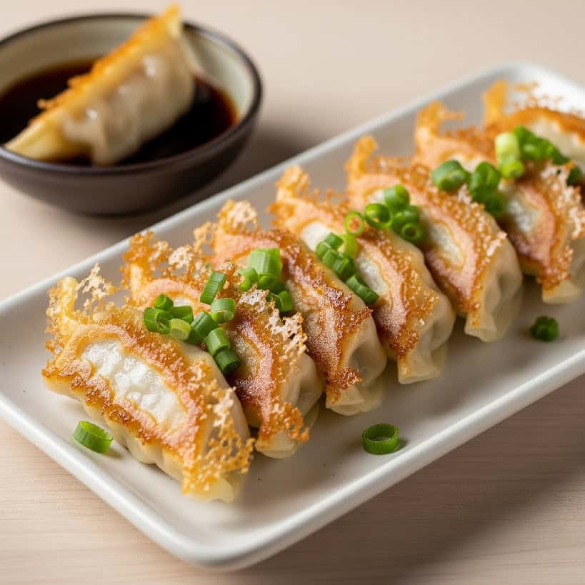 Gyoza dalla base dorata e croccante disposti su un piatto bianco rettangolare, con una sottile ala di farina che li unisce. Accanto, una ciotola con la salsa d'accompagnamento.