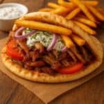 Gyros greco servito in pita con carne succosa, cipolle rosse, pomodori freschi, salsa tzatziki cremosa e patatine croccanti