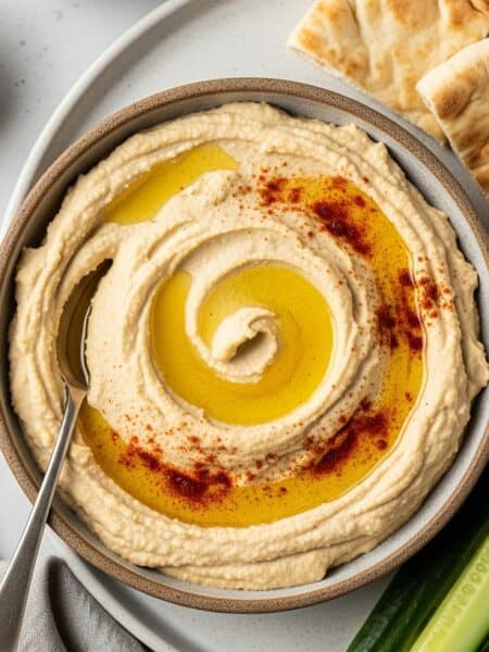 Ciotola di hummus cremoso con un leggero filo d'olio d'oliva, paprika e un cucchiaio, servito con pita e verdure su un piatto.