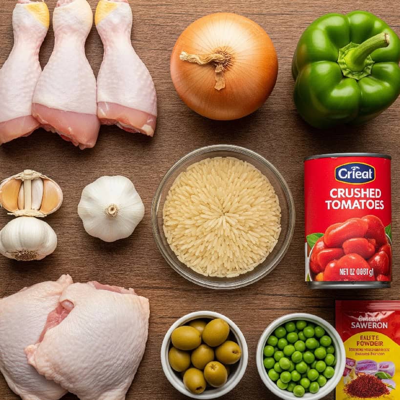 Disposizione dall'alto degli ingredienti per Arroz con Pollo: fusi e cosce di pollo, riso a grano lungo, cipolla, peperone verde, aglio, passata di pomodoro, olive, piselli e zafferano su un tavolo di legno.