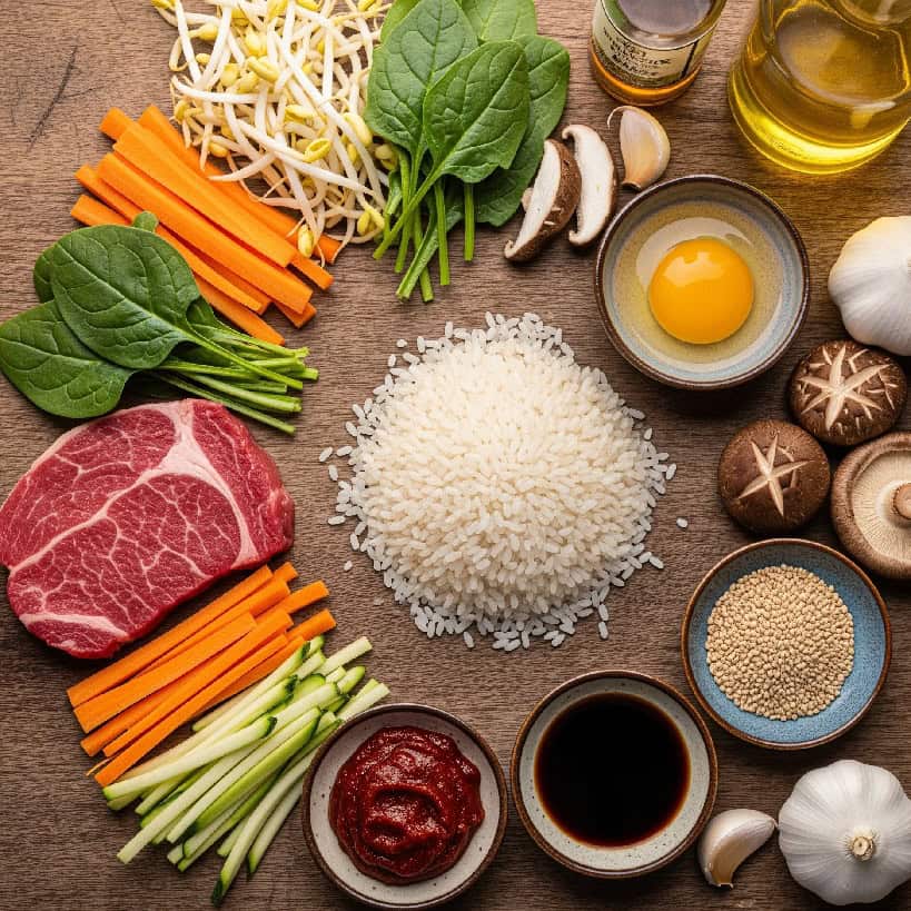 Disposizione dall'alto degli ingredienti per Bibimbap: riso, manzo, uovo, carote, zucchine, spinaci, funghi, germogli di soia, gochujang, aglio e olio di sesamo.