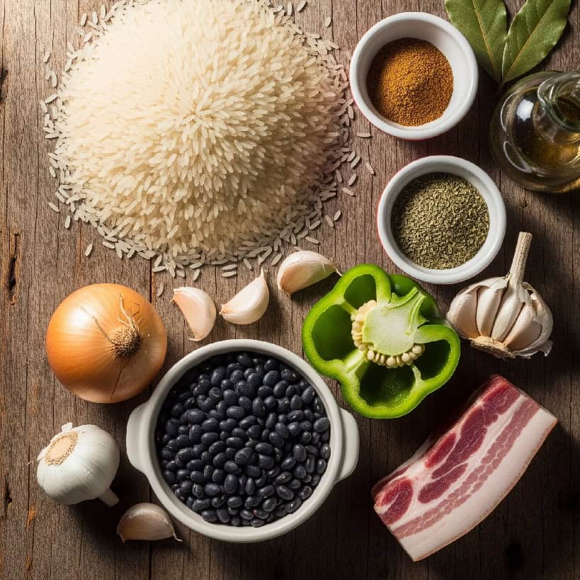 Disposizione dall'alto degli ingredienti per Congrí: riso, fagioli neri secchi, pancetta fresca, cipolla, peperone verde, aglio, cumino, origano e alloro su un tavolo di legno.
