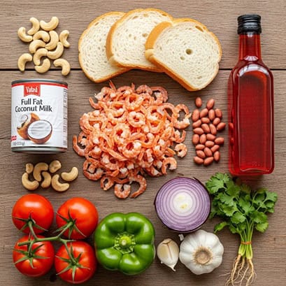 Tutti gli ingredienti crudi per il Vatapá: gamberetti secchi, pane, latte di cocco, olio di dendê, anacardi, arachidi, pomodori, cipolla, peperone, aglio, coriandolo.