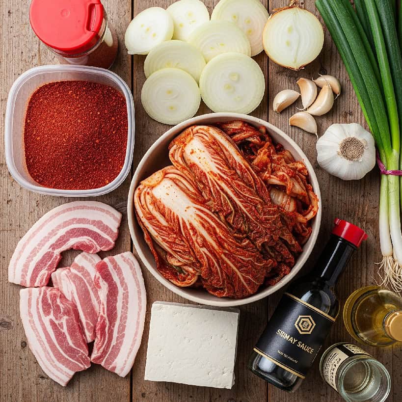 Disposizione dall'alto degli ingredienti per Kimchi Jjigae: kimchi maturo, maiale crudo, tofu, cipolla, aglio, zenzero, gochugaru, salsa di soia e olio di sesamo.