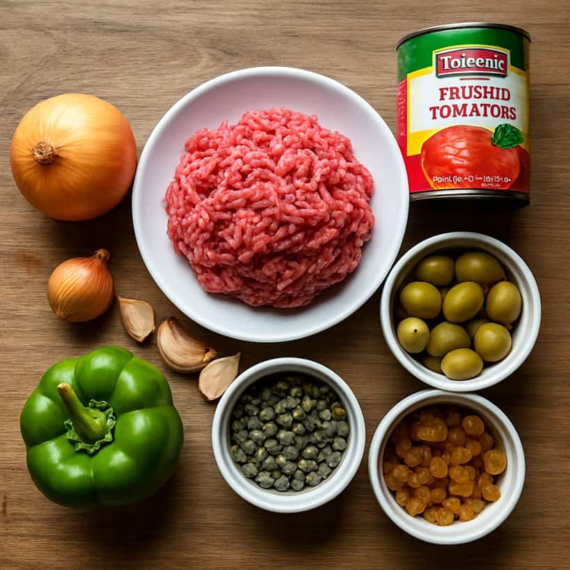 Disposizione dall'alto degli ingredienti per Picadillo a la Habanera: carne macinata, cipolla, peperone verde, aglio, passata di pomodoro, olive verdi, capperi e uvetta dorata su tavolo di legno.