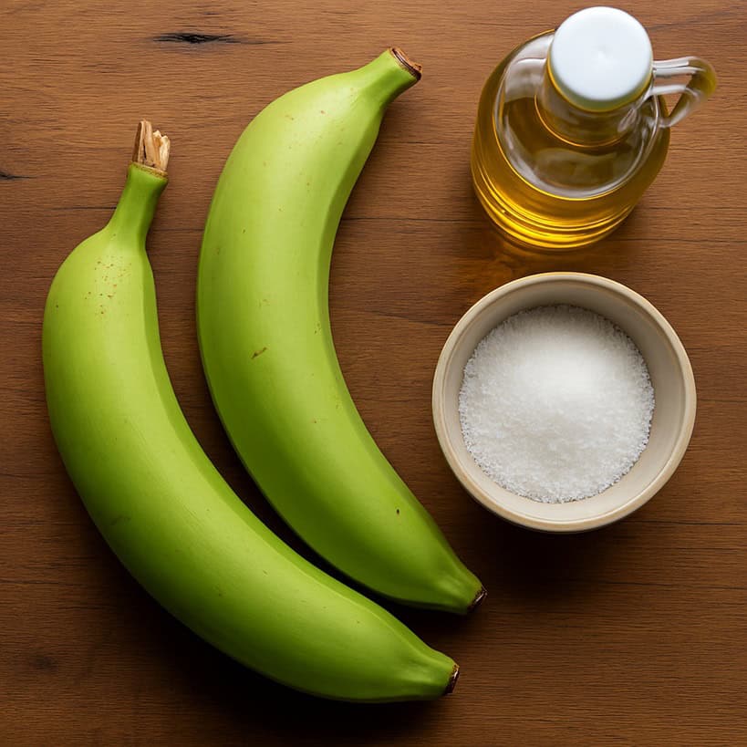 Disposizione dall'alto degli ingredienti per Tostones: due grandi platani verdi, una ciotola di sale grosso e una bottiglia di olio vegetale, su un tavolo di legno rustico.