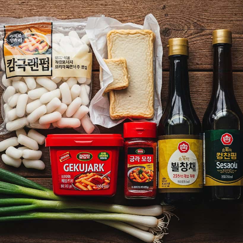 Disposizione dall'alto degli ingredienti per Tteokbokki: gnocchi di riso, frittelle di pesce, gochujang, gochugaru, salsa di soia e cipollotto su un tavolo di legno.