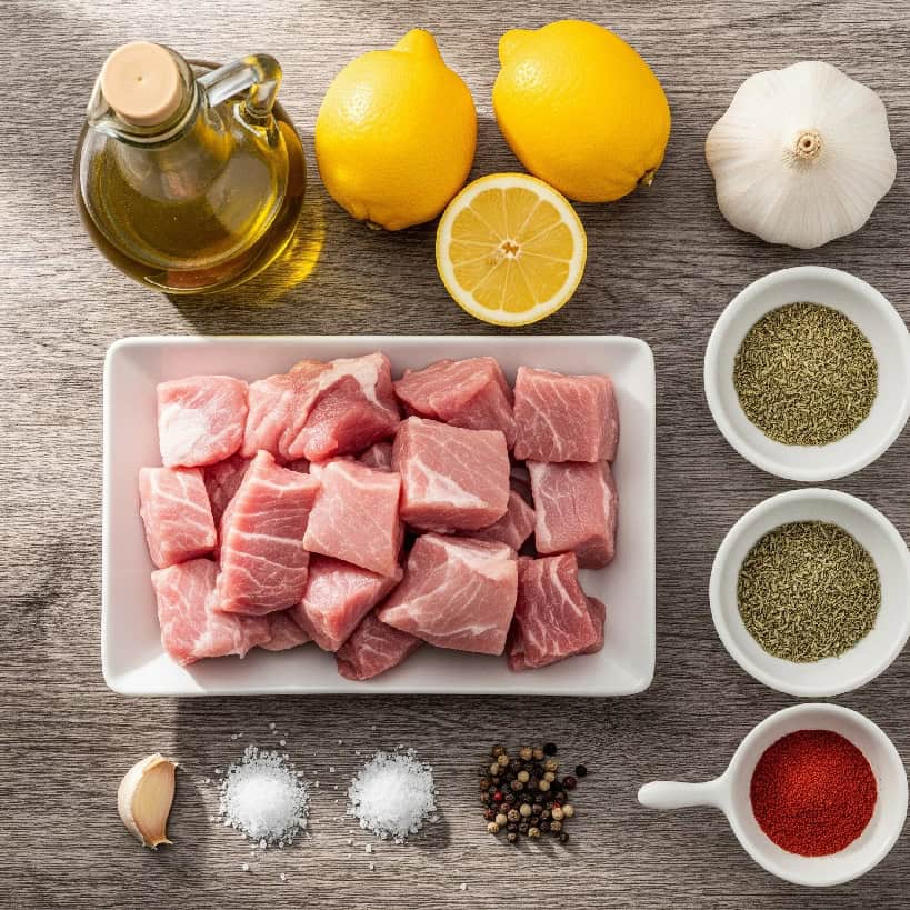 Ingredienti per Souvlaki: carne di maiale a cubetti, limoni, aglio, olio d'oliva e spezie.