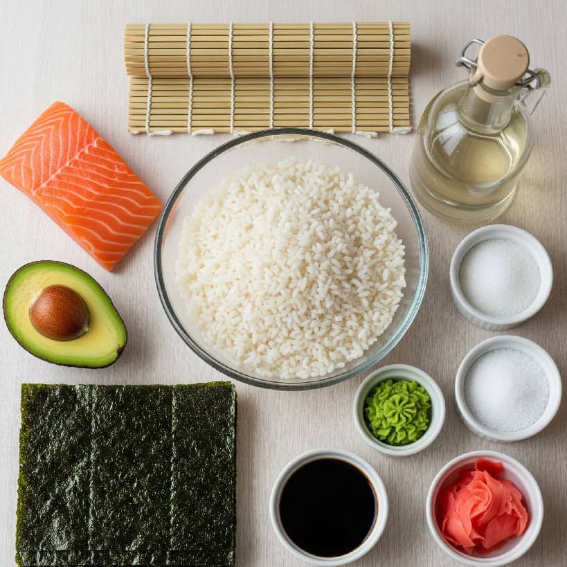 Tutti gli ingredienti per preparare il sushi fatto in casa disposti ordinatamente su un tavolo di legno chiaro. Sono visibili riso cotto, un filetto di salmone, alga nori, avocado, aceto di riso, sale, zucchero, wasabi, salsa di soia e zenzero marinato.