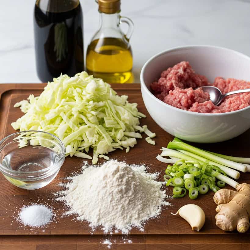  Gli ingredienti per i Gyoza disposti su un tagliere di legno: farina, sale, acqua, carne di maiale macinata, cavolo tritato, cipollotti, zenzero, aglio, salsa di soia e olio di sesamo.