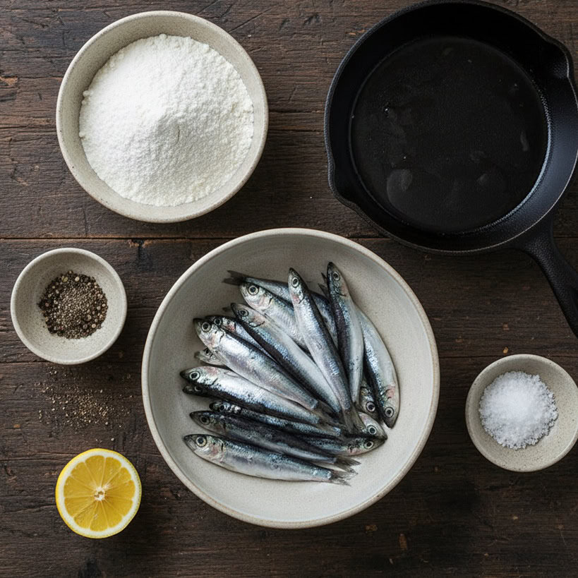 Ingredienti per alici fritte su un tavolo di legno: ciotola con farina, padella con olio, ciotola con alici, sale, pepe e limone.