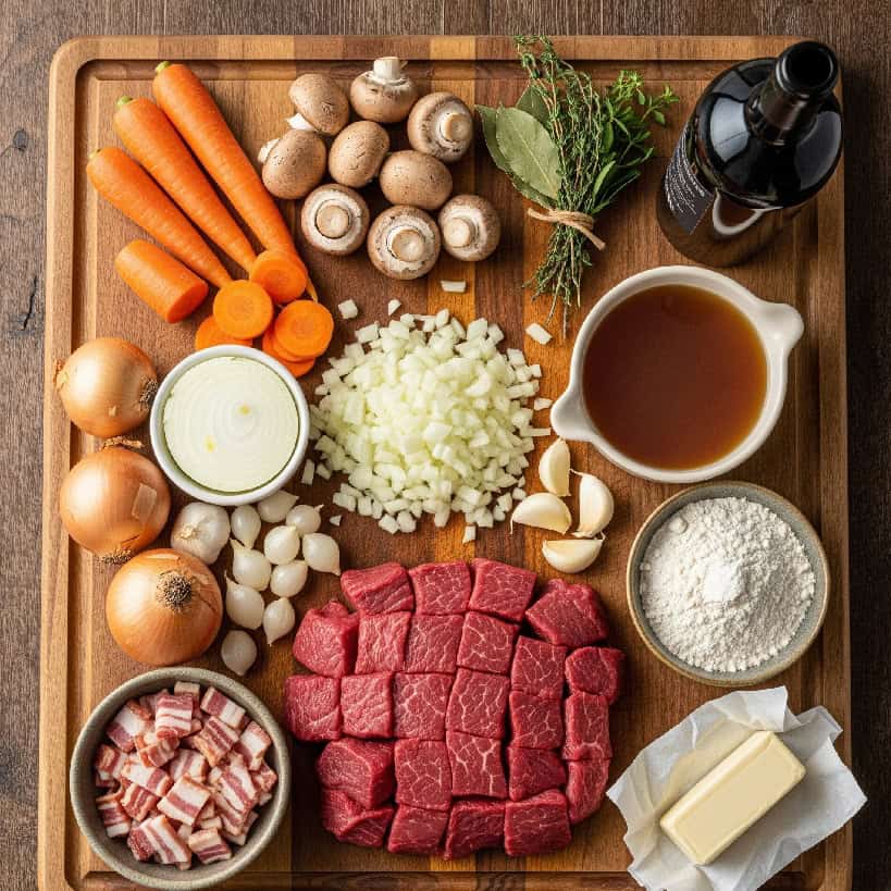 Ingredienti crudi per il Boeuf Bourguignon, con manzo a cubetti, verdure e vino su un tagliere di legno.
