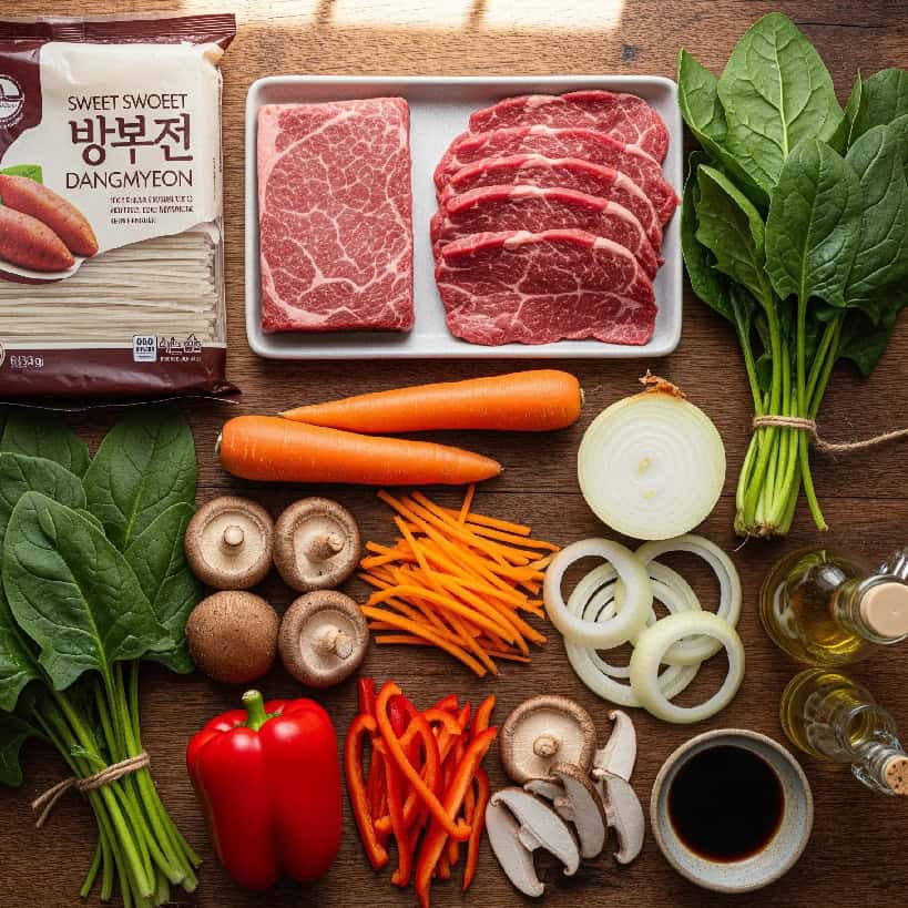 Ingredienti crudi per il Japchae disposti su un tavolo di legno. Include noodles di patata dolce, manzo, spinaci, carote, peperoni, funghi, salsa di soia e olio di sesamo.