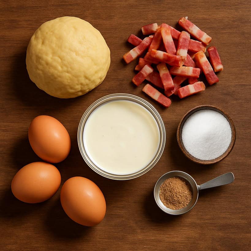 Ingredienti crudi per la Quiche Lorraine disposti su un tavolo di legno. Include pasta brisée, pancetta, uova, panna, latte e noce moscata.