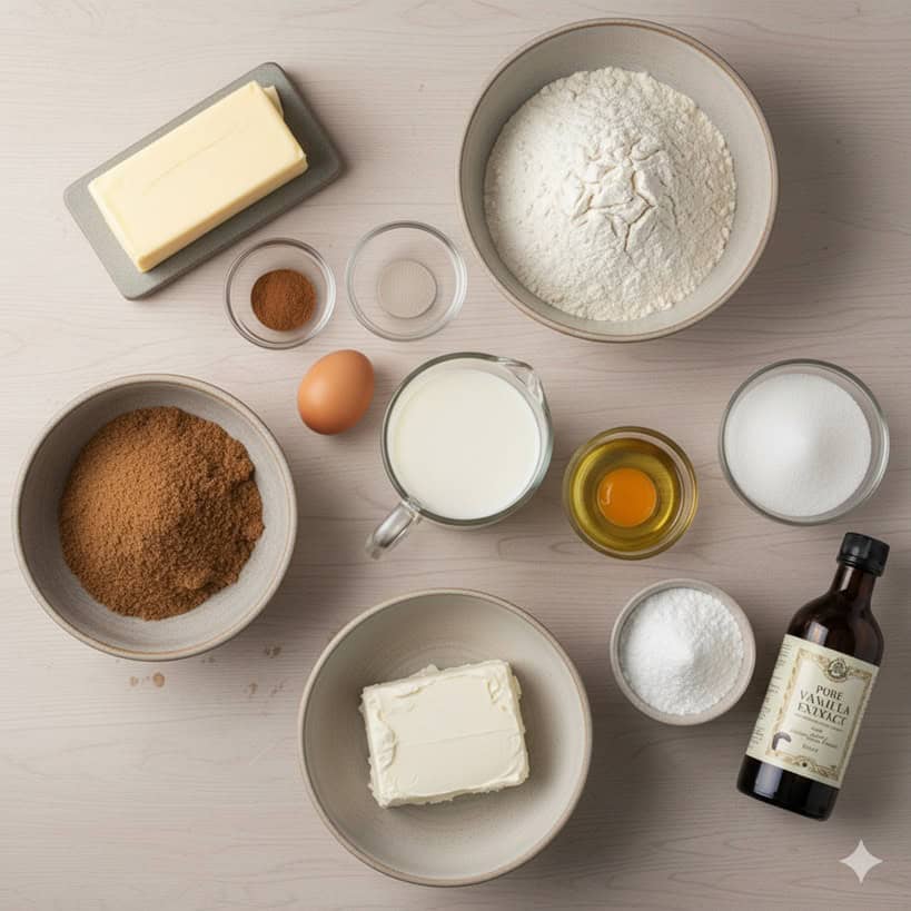 Vista dall'alto degli ingredienti essenziali per i cinnamon rolls: farina, latte, burro, uova, zucchero, cannella, lievito, formaggio spalmabile e vaniglia.