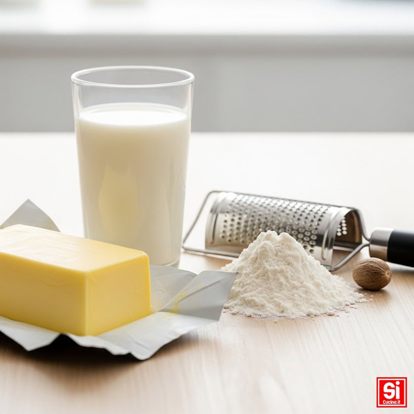 Ingredienti essenziali per la besciamella: burro, latte intero in un bicchiere, farina 00 in mucchietto, noce moscata e grattugia, su un tavolo di legno.