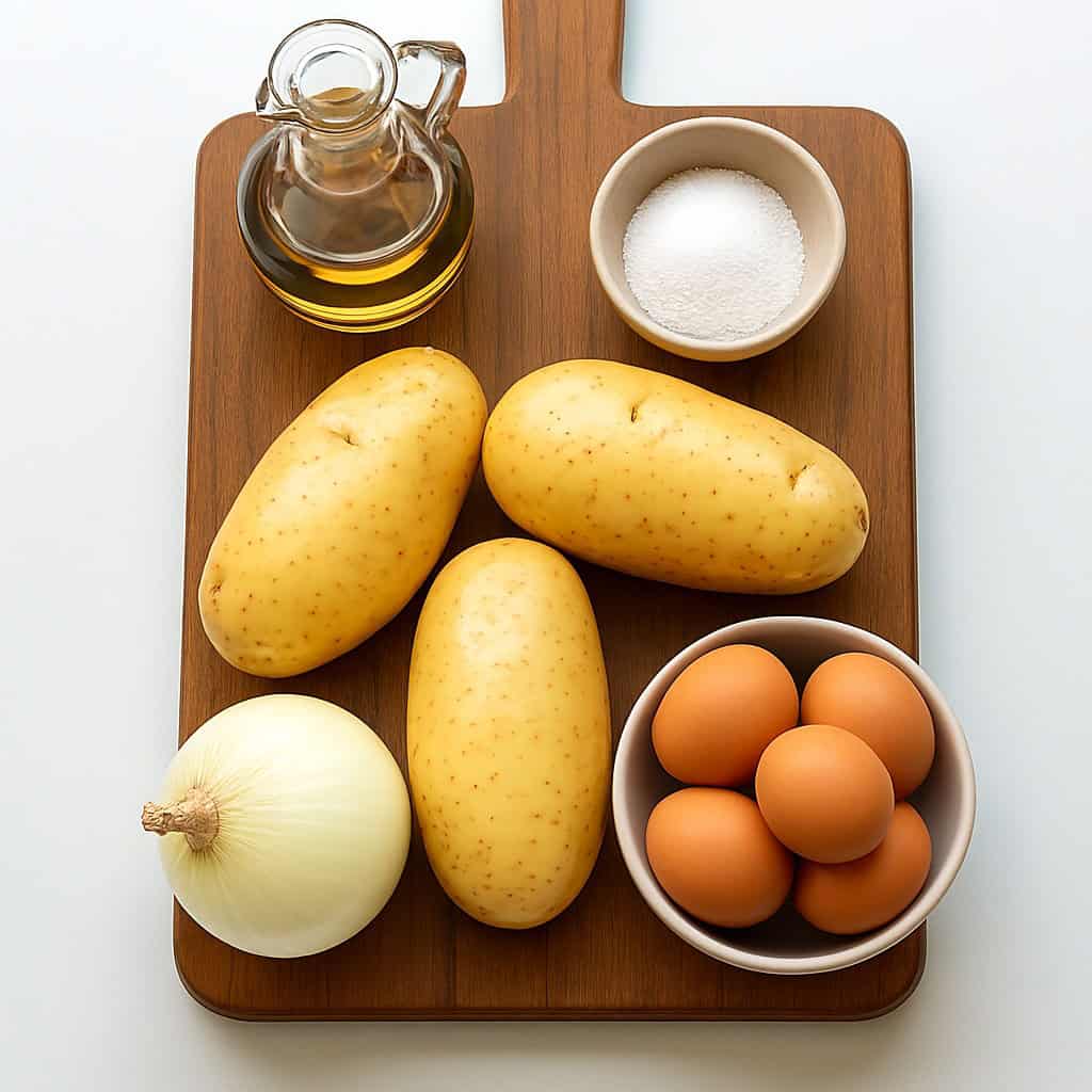 Ingredienti crudi per la tortilla di patate, inclusi patate, uova, cipolla, olio d'oliva e sale, su un tagliere di legno.