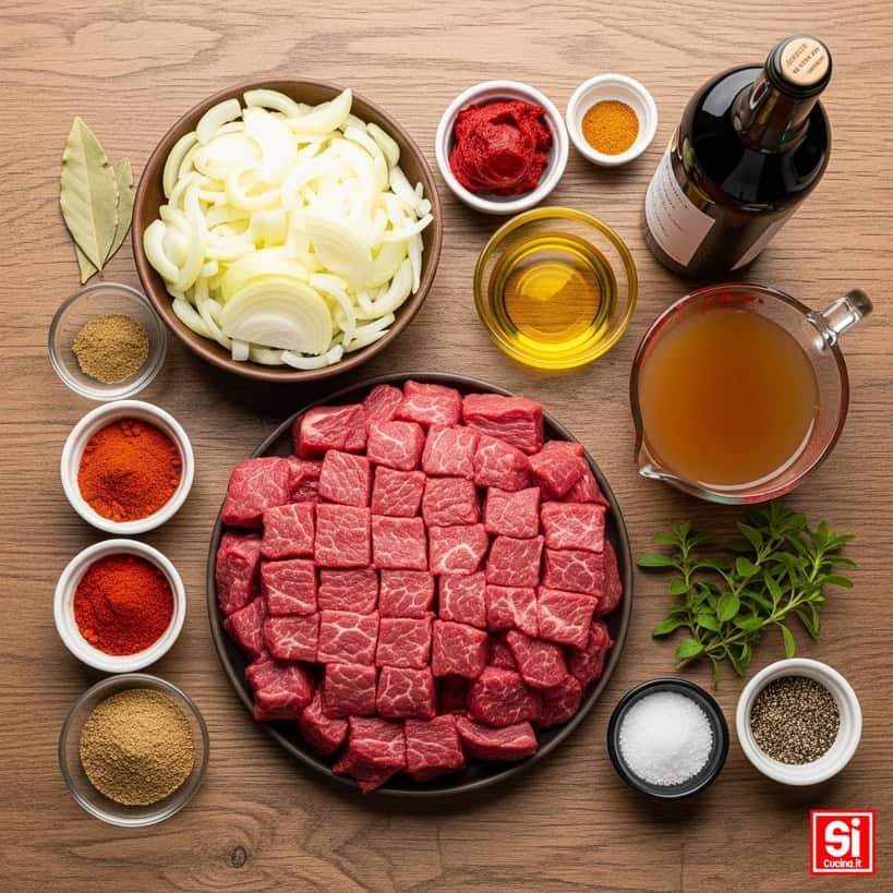 Composizione dall'alto degli ingredienti per il Gulasch: cubetti di manzo crudo, cipolle a fette, concentrato di pomodoro, paprika, cumino, brodo e vino rosso.