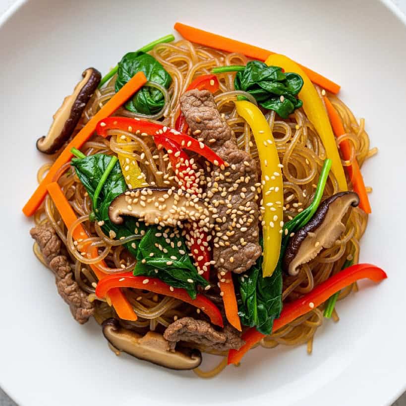 Vista dall'alto di un piatto di Japchae con noodles e verdure sapientemente disposti.