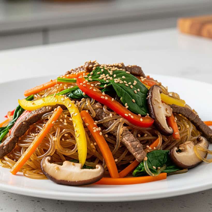 Un piatto di Japchae coreano, con noodles di patata dolce, manzo, carote, peperoni, spinaci e funghi, guarnito con semi di sesamo.
