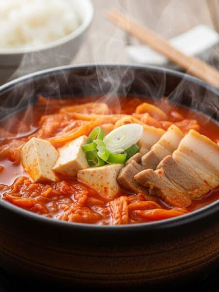 Una ciotola fumante di Kimchi Jjigae con stufato rosso, cubetti di tofu, fette di maiale e kimchi, servita su un tavolo di legno scuro.