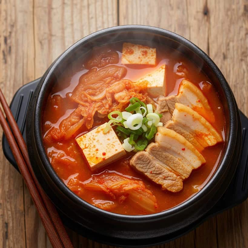 Vista dall'alto di un Kimchi Jjigae in una ciotola di terracotta su un tavolo di legno. Il piatto contiene cubetti di tofu, fette di maiale e kimchi.
