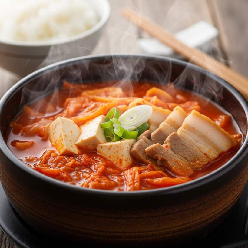 Una ciotola fumante di Kimchi Jjigae con stufato rosso, cubetti di tofu, fette di maiale e kimchi, servita su un tavolo di legno scuro.