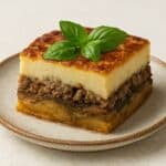 Fetta di moussaka servita su piatto rustico, con strati visibili di patate, melanzane, carne macinata e besciamella dorata.