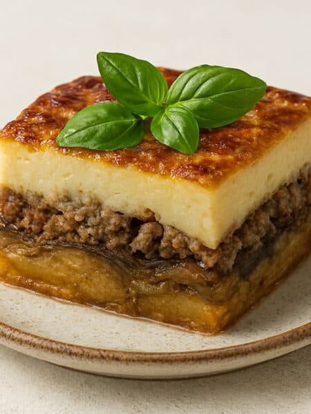 Fetta di moussaka servita su piatto rustico, con strati visibili di patate, melanzane, carne macinata e besciamella dorata.