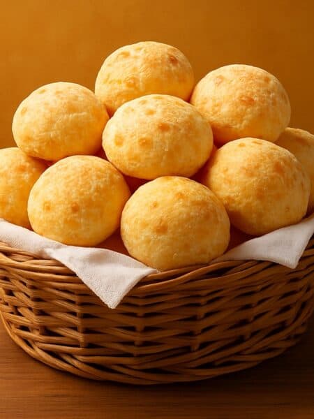 Pão de Queijo dorati in un cestino di vimini su sfondo caldo e luminoso