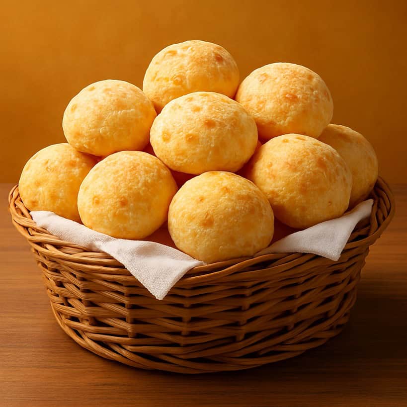 Pão de Queijo dorati in un cestino di vimini su sfondo caldo e luminoso
